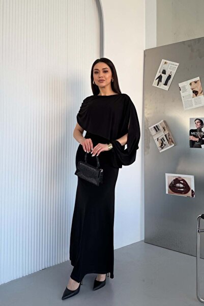 Serica Moda Rochie lungă cu design șal negru