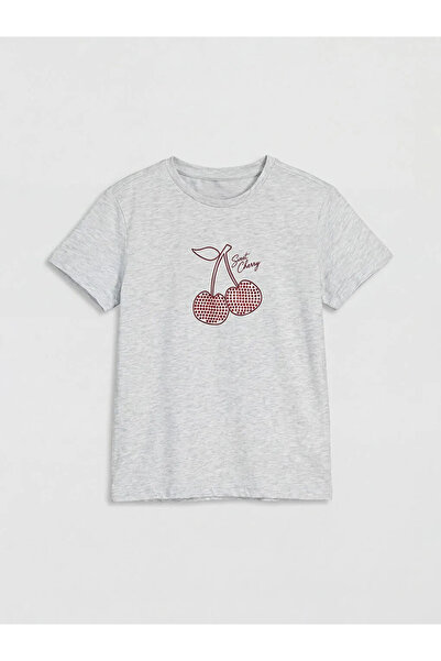 LC Waikiki LCW Kids Gri Bisiklet Yaka Taşlı Kız Çocuk Tişört
