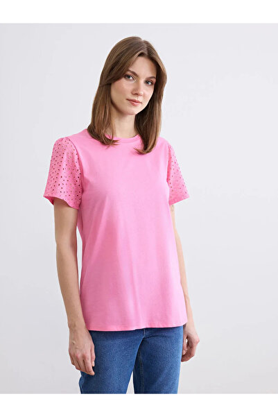 LC Waikiki LCW Comfort Ροζ Διάτρητη Μπλούζα με Λαιμόκοψη Ποδηλάτου