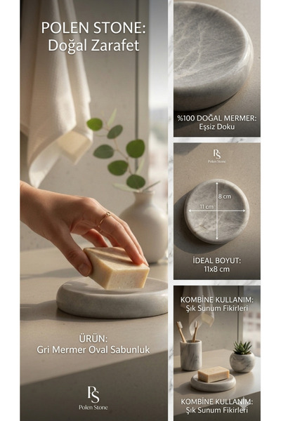 Polen Stone |   100% Natural Gray Marble Oval Solid Soap Dish