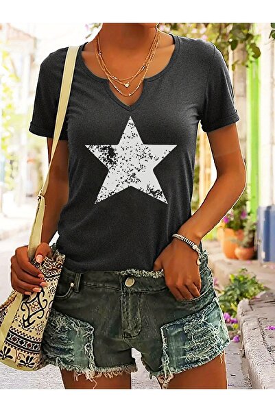 mercoledi Жіноча зручна футболка з принтом зірок, рукавами V-подібним вирізом...