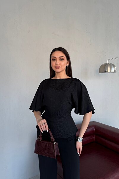 Serica Moda Bluză neagră cu mâneci volane și legătură la spate