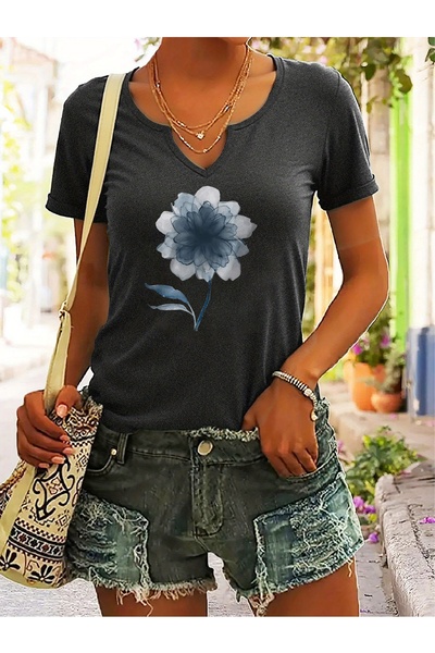 mercoledi Women's Feather Printed Half V-Neck Sleeves Regular Fit Casual T-Shirt