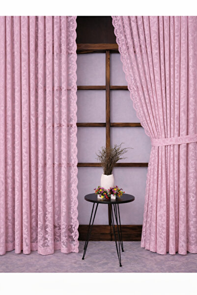 Art Perde 2 Wings Colorful Powder Pink Ivy Pattern Lace-Up Tulle Background C...