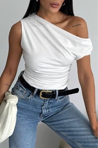 bb butik basic Asymmetric One-Shoulder Draped Blouse F3222