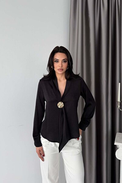 Serica Moda Black Shawl Collar Blouse with Buckle Detail