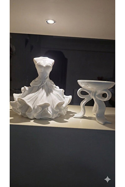 GLOBELUX Dekoratif beyaz gelinlik Temalı Tilayt Mumluk ve takı tabağı 2li set...