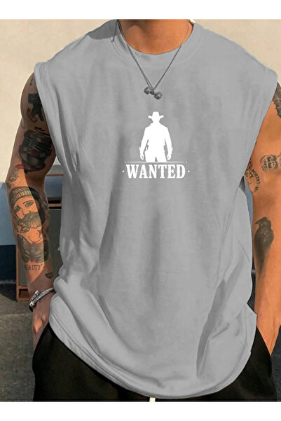 SUNFREE تيشيرت رجالي مطبوع عليه WANTED ملابس رياضية بدون أكمام مقاس كبير