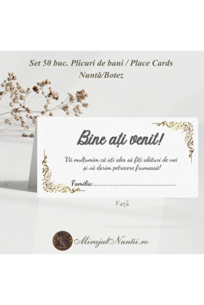 Set 50 buc Plicuri Bani Royal Filigree Carton Premium Alb-Auriu Nuntă/Botez C...