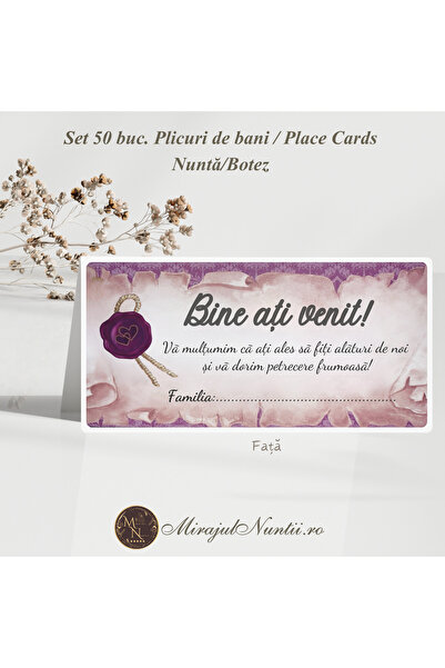 Set 50 buc Plicuri Bani Vintage Parchment Carton Premium Mov Nuntă Botez Sigi...