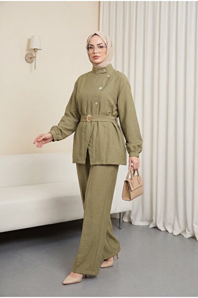 Modamorfo Gold buttoned, buckled, belted, ruffle detailed cupra set - khaki