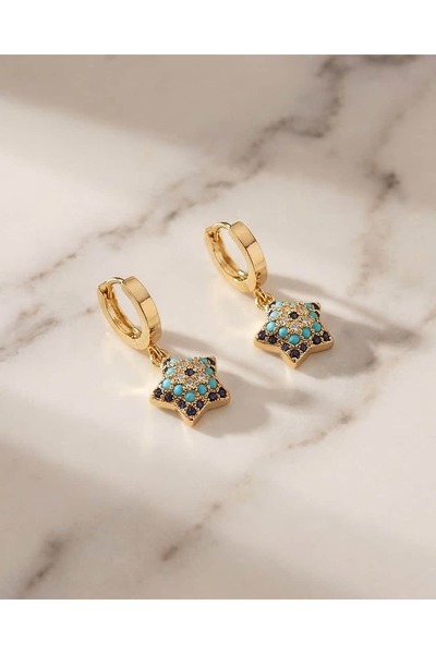 Portakal Esintisi Nazaris Blue and White Inlaid Stone Dangle Star Hoop Steel ...