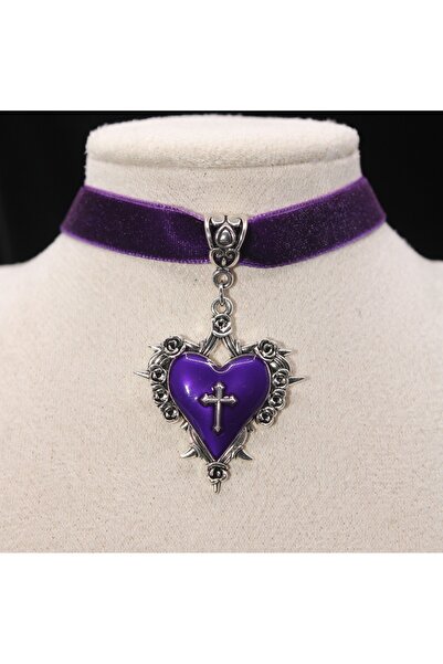 Mournbelle Y2K / Gotik Kalpli Haç Detaylı Choker (El Yapımı)