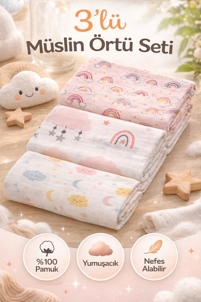 KRN MODA Çok Amaçlı Müslin Örtü & Battaniye 3'lü Set %100 Pamuk 80x90