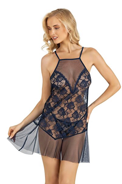 PRIMODA قميص نوم نسائي قصير من التول باللون الأزرق الداكن