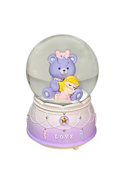 velve Glob muzical si luminos cu ursulet si fetita, decor pastel mov, in cuti...