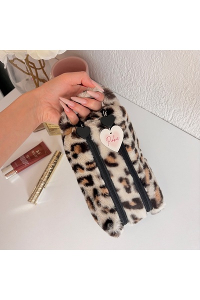 PİNKUE Λεοπάρ βελούδινη τσάντα μακιγιάζ/θήκη για στυλό – Οργανωτής καλλυντικώ...