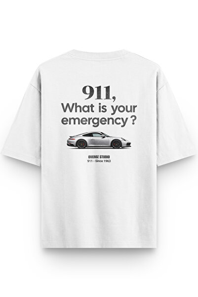 Overoz 911 Car Back Printed Semi Oversize White Tshirt 1423