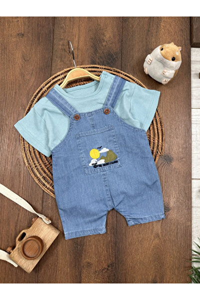 Bolly Baby Island Embroidered Summer Denim Salopet Baby Boy Set
