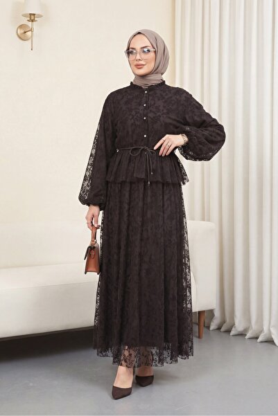 Modamorfo Stand collar flog printed balloon sleeve waist tied skirted lined t...