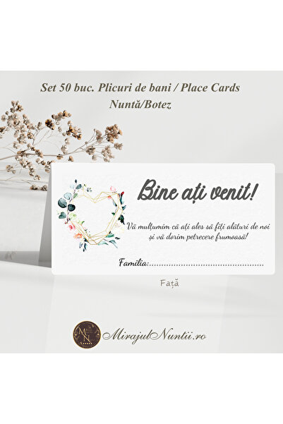 Set 50 buc Plicuri Bani Place Cards Inimă Florală Carton Premium Alb-Auriu Nu...