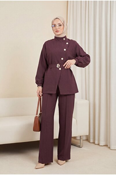 Modamorfo Gold buttoned buckled belted ruffle detailed cupra set - plum