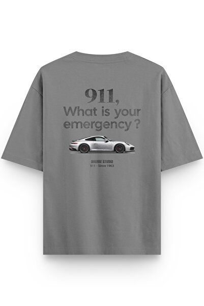 Overoz 911 Car Back Printed Semi Oversize Gray Tshirt 1423