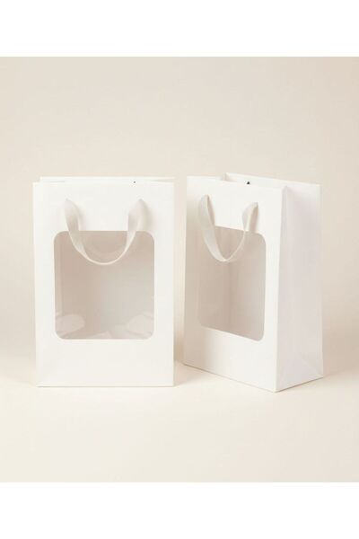 ASL ArtPaper Asetat Pencereli Kurdele Saplı Beyaz Karton Hediye Çantası 25x18...
