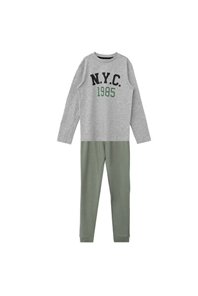 OEM Set Pijama de Iarna din Bumbac Kaki Gri "NYC 1985" pentru Copii 9-10 Ani