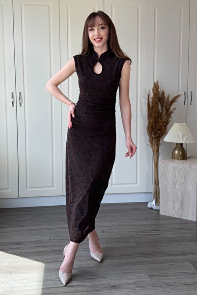 Dilay Gökoğlu Butik Φόρεμα μίντι από καφέ τούλι με βελούδινη λεπτομέρεια στο ...