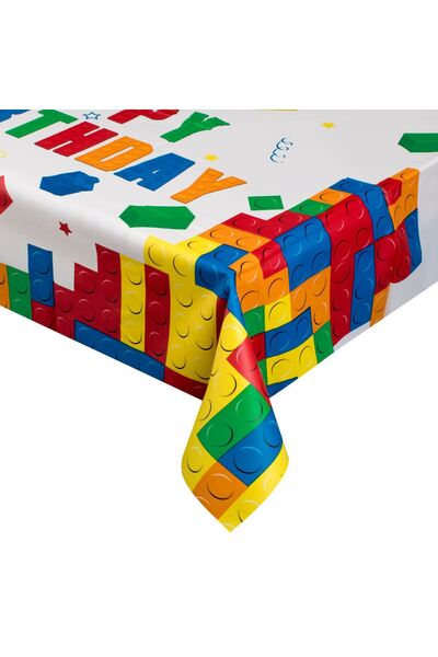 OEM White Plastic Tablecloth with Colored Bricks "Happy Birthday" 180x120cm