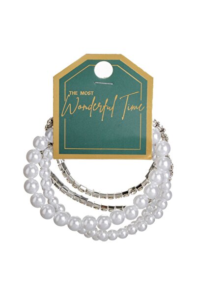 OEM Set Bratari cu Elastic Margele Albe de 3 Marimi & Stras Argintiu - 5buc