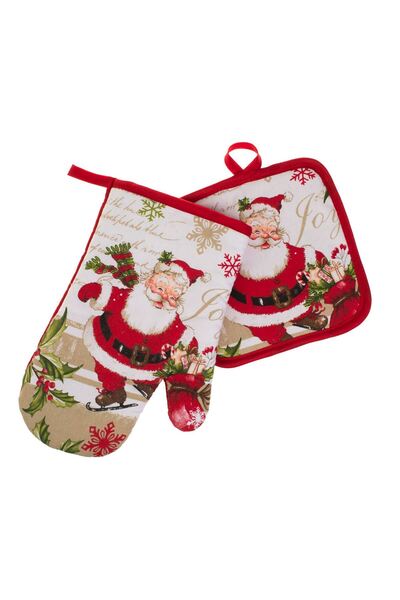 OEM Christmas Kitchen Napkin Mitt Set White Red Santa Claus - 2pcs