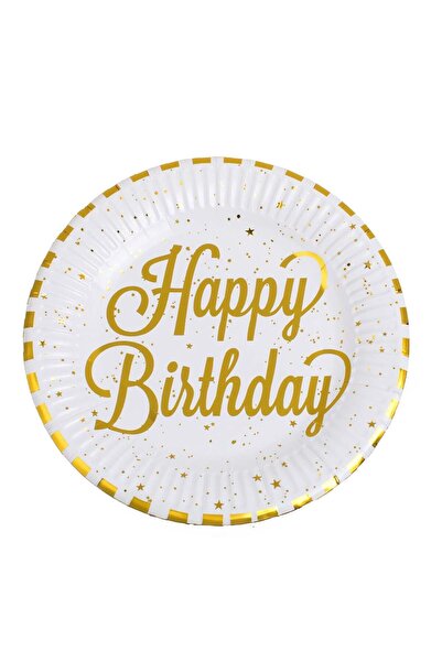 OEM White Cardboard Party Plates with Gold Foil Stripes Happy Birthday Ø18cm ...
