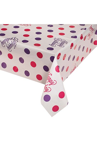 OEM Λευκό Πλαστικό Τραπεζομάντιλο Πάρτι με Φούξια Μωβ Πουά  "Χρόνια Πολλά " 1...