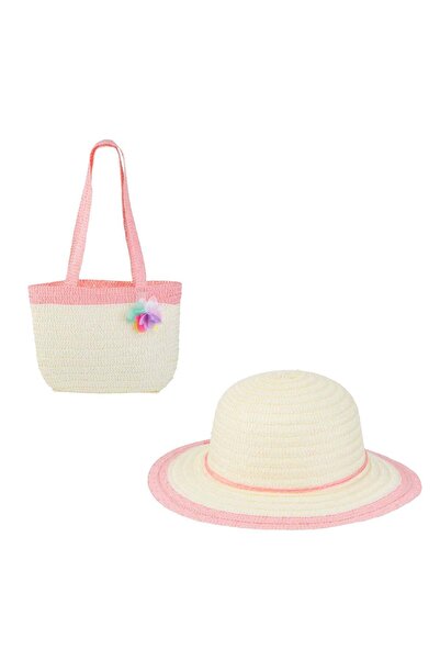 OEM Εκρού ροζ καπέλο με λουλούδι και σετ τσάντας