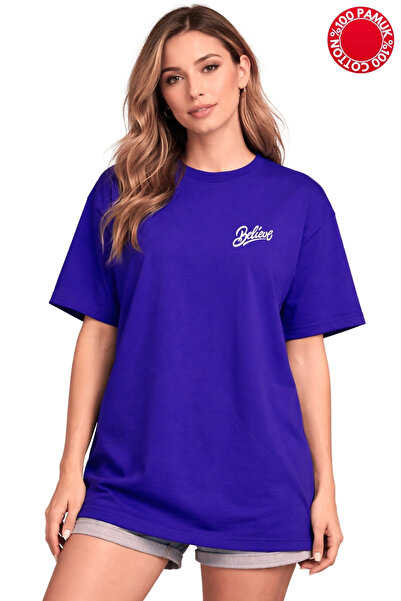vbs vibes Believe Minimal Printed Saks Blue Oversized T-Shirt - 100% Cotton