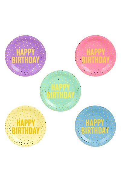 OEM Pastel Cardboard Party Plates with Gold Foil "Happy Birthday" 18cm - 25pcs