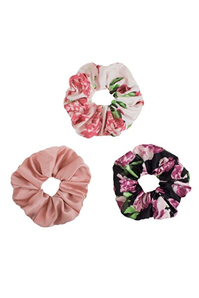 OEM Set of Pink White & Black Satin Summer Textile Hair Scrunchies with Flora...