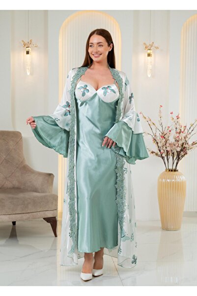 Limas lingerie Special Design Butterfly Patterned Satin 2-Piece Long Dressing...