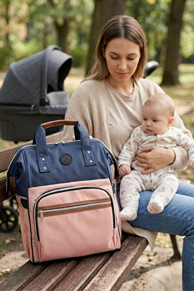 FOCUX -06 Mother Care Baby Bag Mother Bag Backpack Rose Brown-Navy Blue
