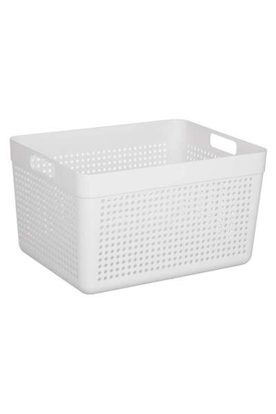 OEM White Plastic Storage Basket with Perforated Pattern & Handles 14L