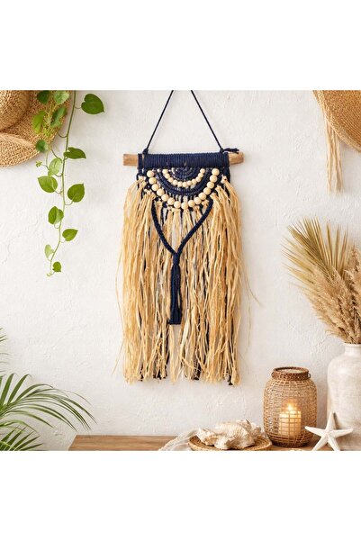 OEM Wall Decoration with Blue String Wooden Beads & Raffia Leaves 40x50cm