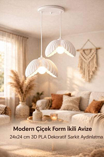 Sellor Modern Çiçek Form İkili Avize 24x24 cm 3D PLA Dekoratif Sarkıt Aydınlatma