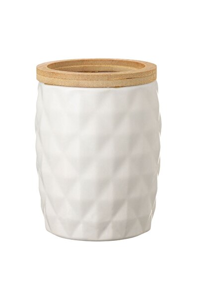 OEM White Ceramic Toothbrush Holder Embossed Pattern Bamboo Edge Ø8.5x11cm