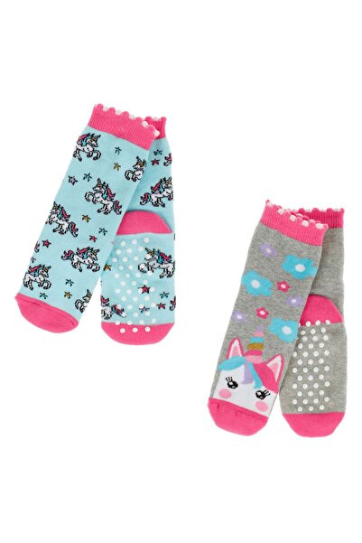 OEM Sosete pentru Fete Turcoaz Gri Unicorn Anti-slip - 2 perechi 27-30