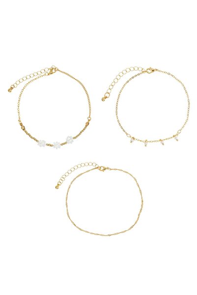 OEM Gold Color Chain Anklets White Daisies Beads for Women - 3pcs