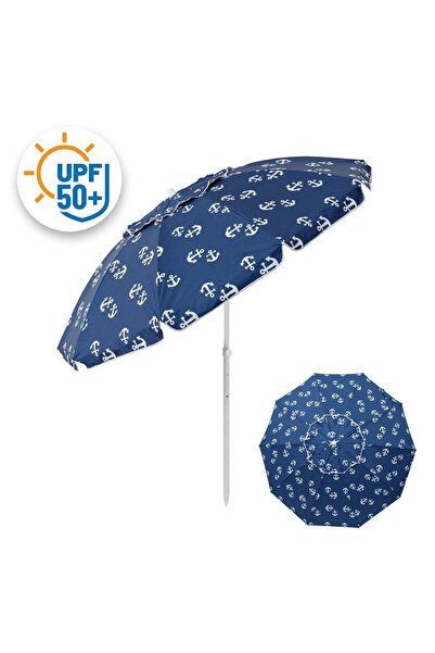 OEM Umbrela de Plaja anti-vant Bleu Ancore Albe UPF 50+ & Cadru Metalic cu 4 ...