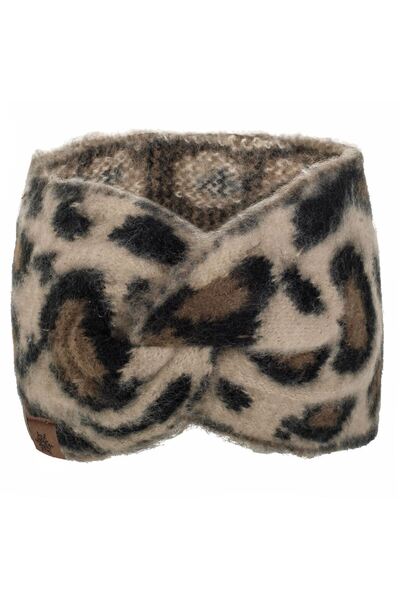 OEM Μπεζ πλεκτή χειμερινή κορδέλα μαλλιών με σχέδιο λεοπάρδαλης και καφέ βινιέτα