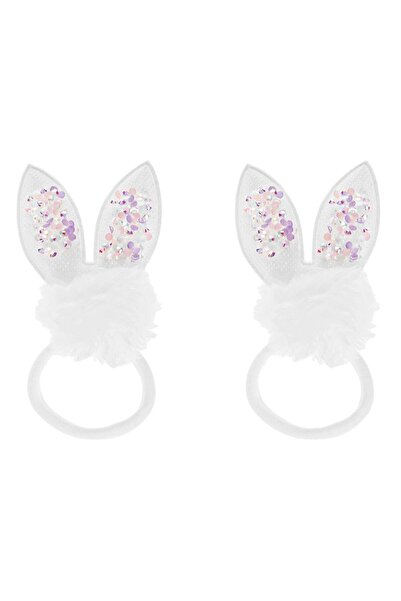 OEM Children's Hair Elastics Terry White Pompom Tulle Ears with Stones - 2pcs